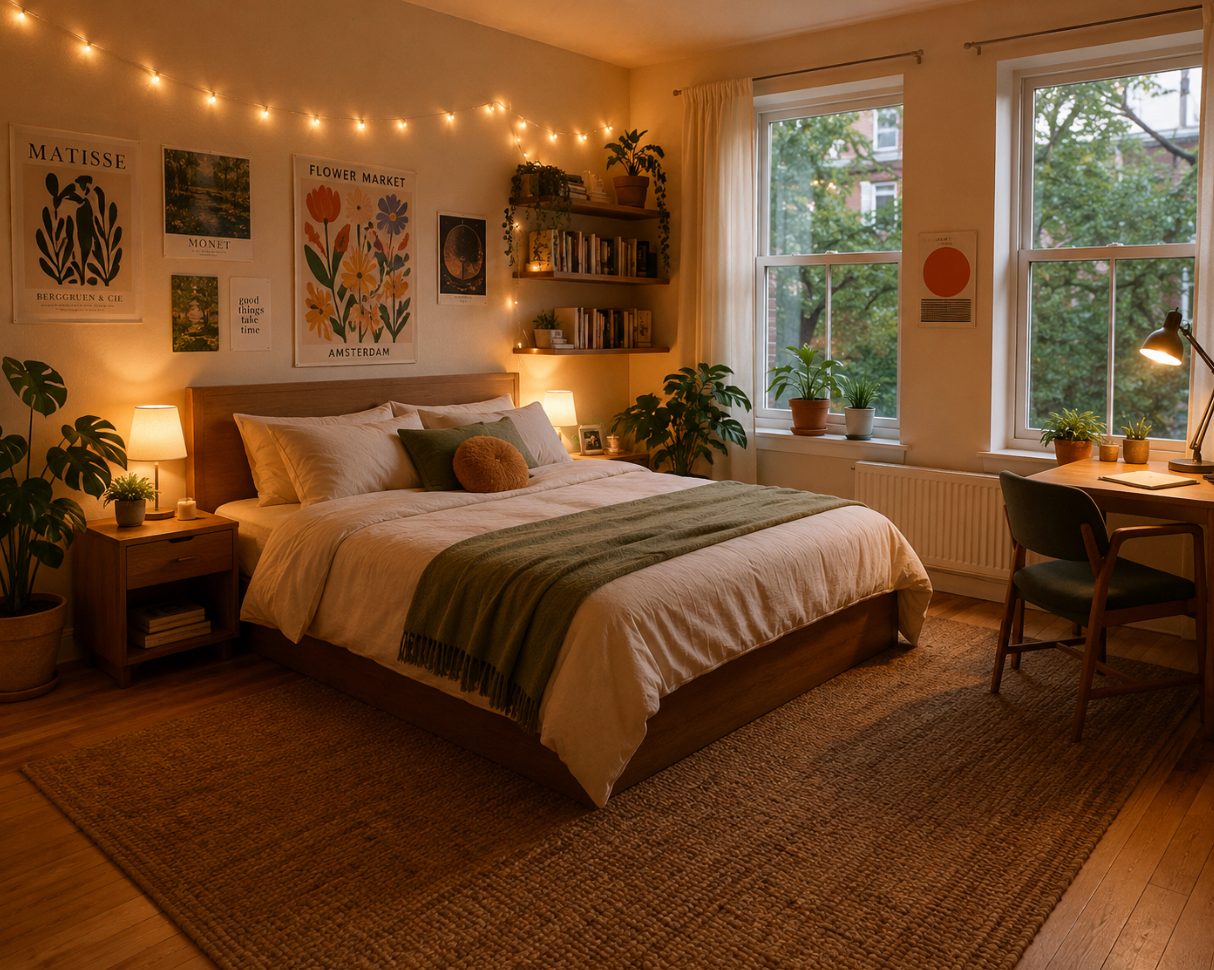 Bedroom A: a cosy, plant-filled bedroom with fairy lights, framed prints, a large bed with a green throw, and a wooden desk by the window.