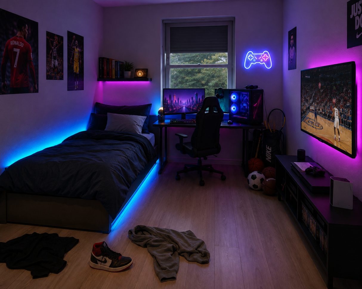 Bedroom B: a gaming-themed teenage bedroom with neon LED lighting, a gaming desk and monitor, a basketball on the floor, and clothes scattered on the ground.