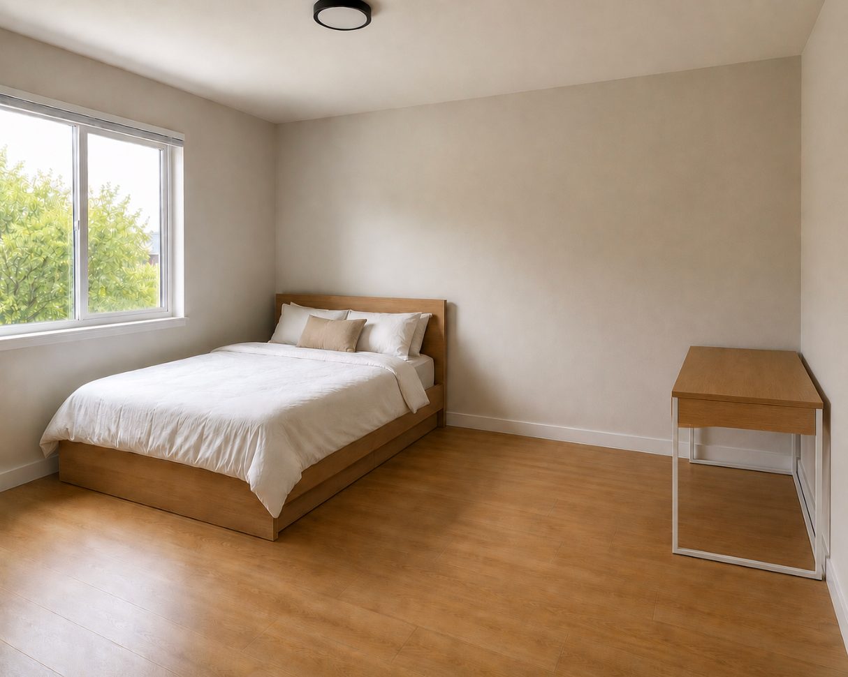 An empty, plain bedroom with a bed, a bare window, and a small side table, ready to be furnished and decorated.